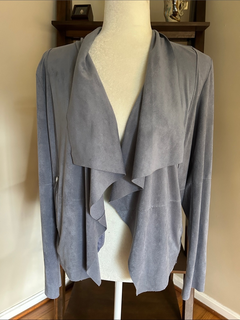 Draped Waterfall Suede-Look Utility Jacket in Light Gray